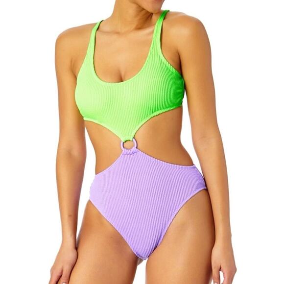 New Salt + Cove Juniors' Colorblock One-Piece Monokini Lime Purple Juniors XL - Picture 1 of 11